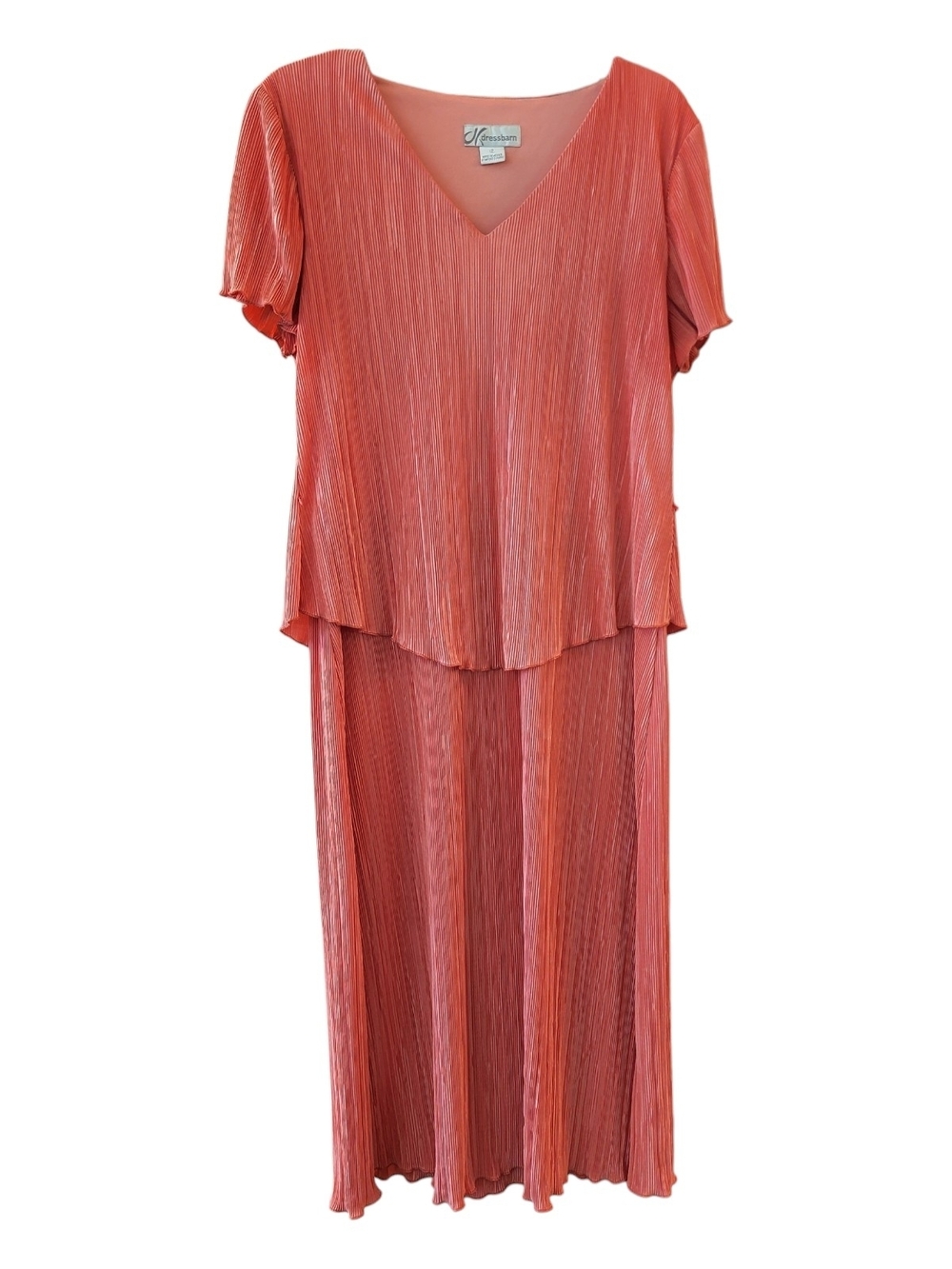 Dressbarn Coral Pleated Tiered Maxi Dress with V-Neck - Size 12